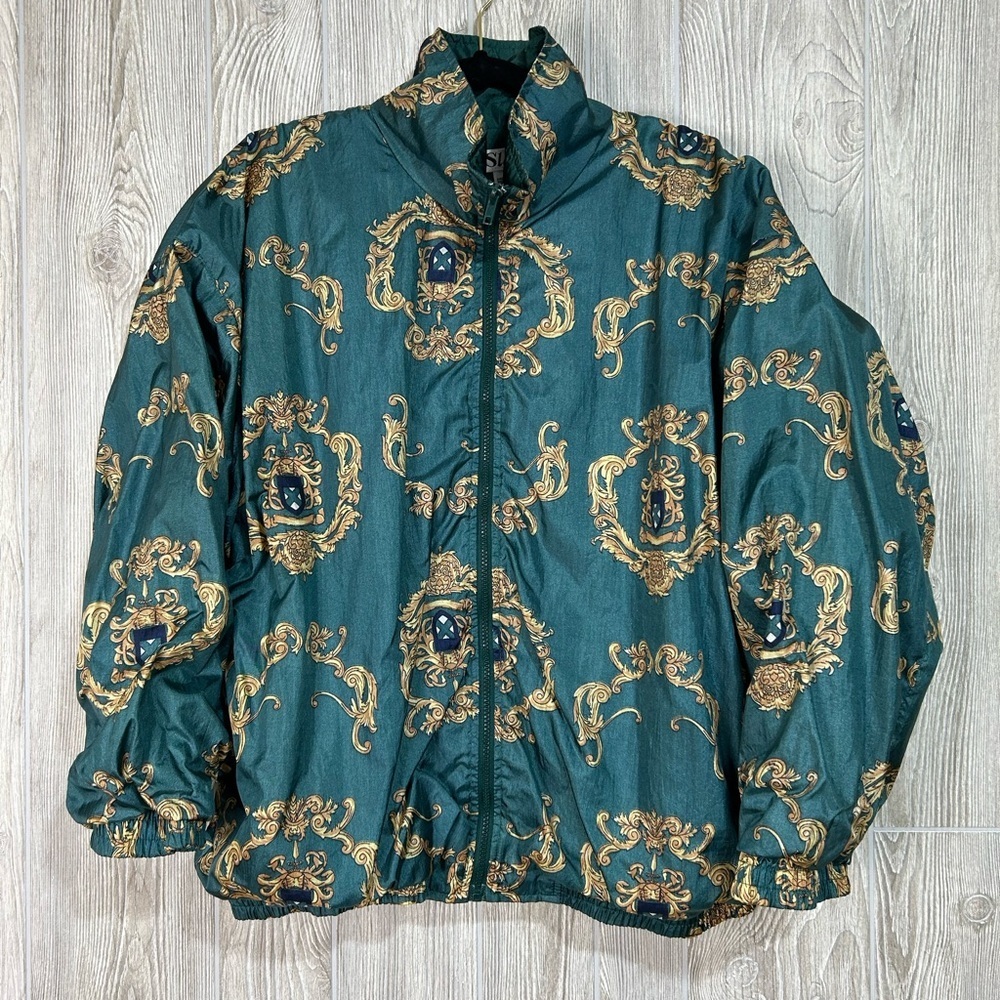 Vintage 80’s 90’s Slade Green and Gold Crest Print Nylon Windbreaker Size XL